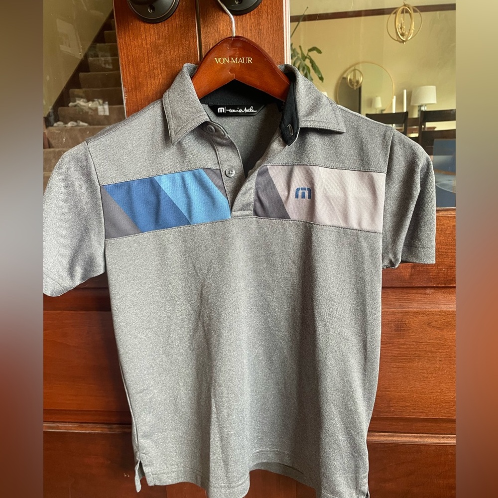 Travis Mathew Grey Polo with Blue and Light Gray Panels